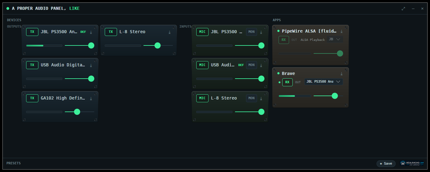 Columns layout: outputs, inputs and applications side by side with live meters